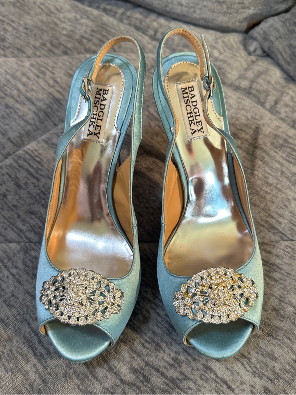 Badgley Mischka Goodie Aqua Satin Crystal-Embellished Peep-Toe Slingbacks